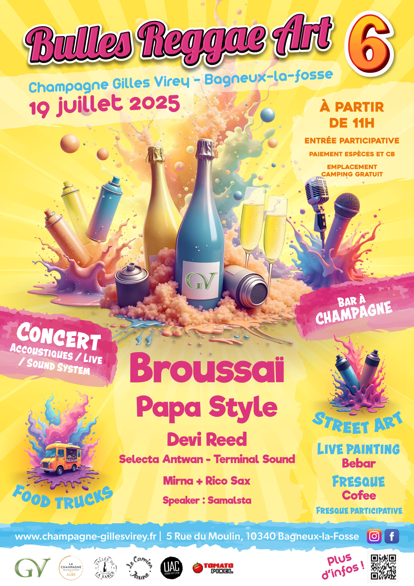 affiche_bra_2025_sd Affiche officielle du festival Bulles Reggae Art6 – un événement unique mêlant concerts reggae, performances de street art et dégustations de champagne, prévu le 19 juillet 2025 dans l’Aube près de Troyes.